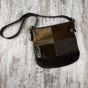 COACH Leather Suede Patchwork Brown Duffel Crossbody Bag F10421